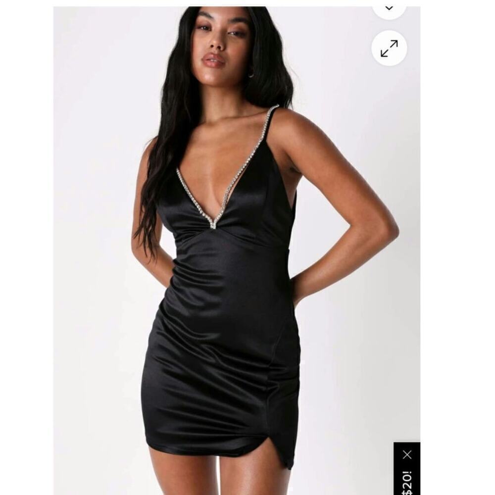 Lulus Treasured Sparkles Black Satin Rhinestone Backless Mini Dress, sz Large